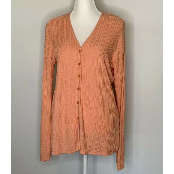 Vtg Evan Picone button front knit Sweater Cardigan Long Sleeve Peach V-neck Sz L - Picture 1 of 11